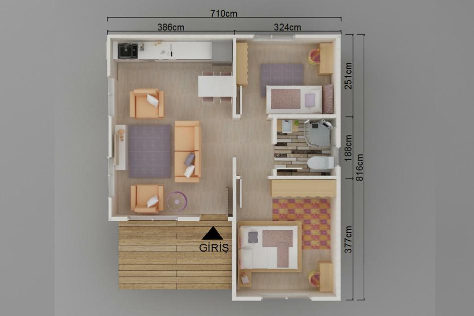 49 m² 2+1 Tek Kat Prefabrik Ev görsel 3