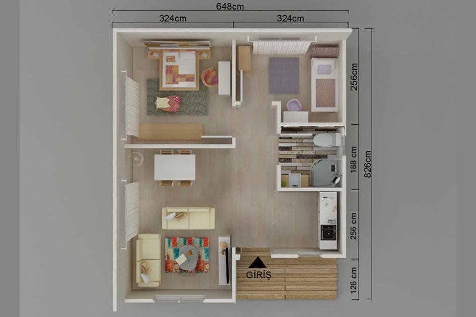 53 m² 2+1 Tek Kat Prefabrik Ev görsel 3