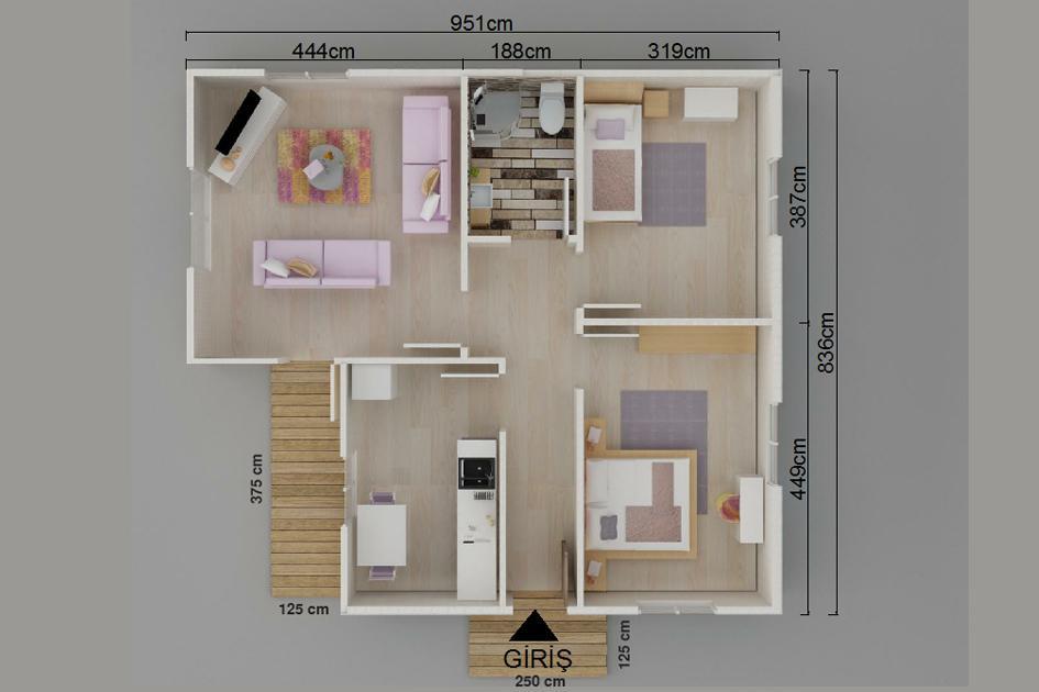 77 m² 2+1 Tek Kat Prefabrik Ev görsel 3