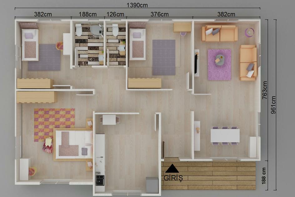 137 m² 3+1 Tek Kat Prefabrik Ev görsel 3